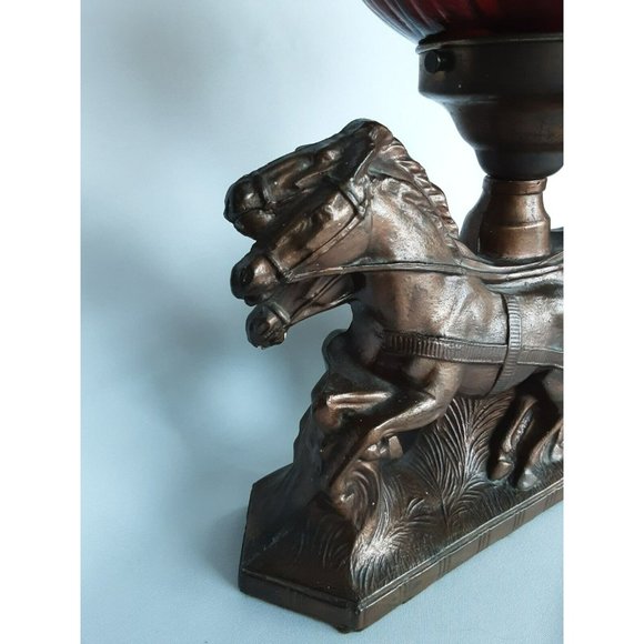 RARE Vtg Roman Gladiator Chariot Lamp Brown Patina Cast Iron Red Shade chip - Picture 6 of 12